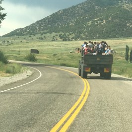group heading down the road in the green army truck